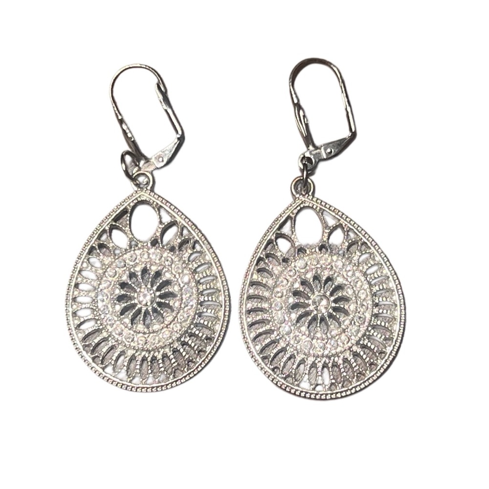 Silver Tone Filigree Teardrop Dangle Earrings Leverback Boho Statement